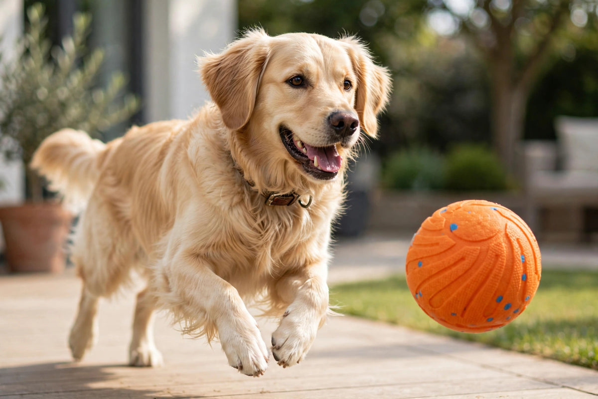 Perro  jugando con pelota interactiva naranja 