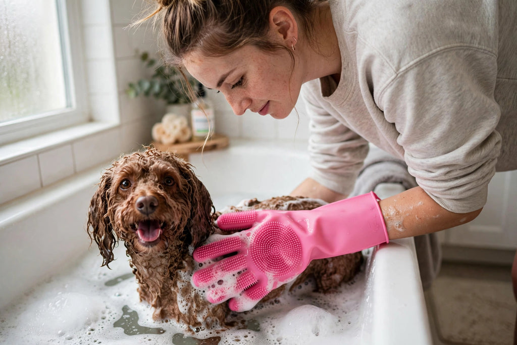 Mujer usando guante de aseo para bañar a su perro en la bañera