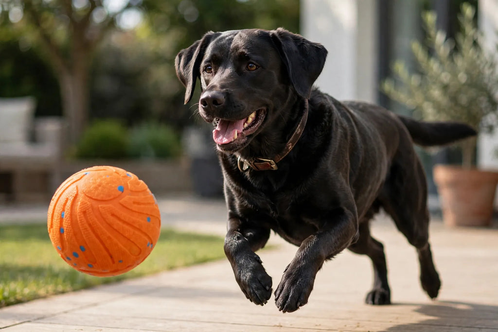 Perro jugando con pelota interactiva naranja