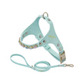 Arnés y correa celeste pastel ARKIKA para perros pequeños, con pedrería de colores y broche dorado.