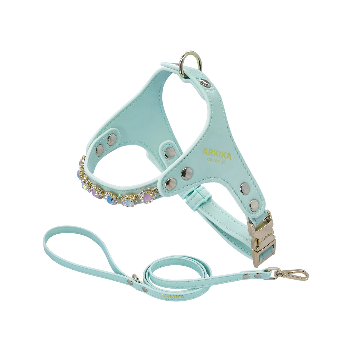 Arnés y correa celeste pastel ARKIKA para perros pequeños, con pedrería de colores y broche dorado.