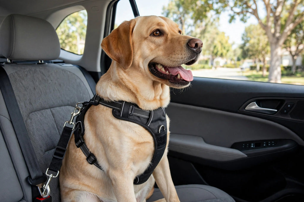 Perro con cinturón de seguridad negro sujeto en el coche