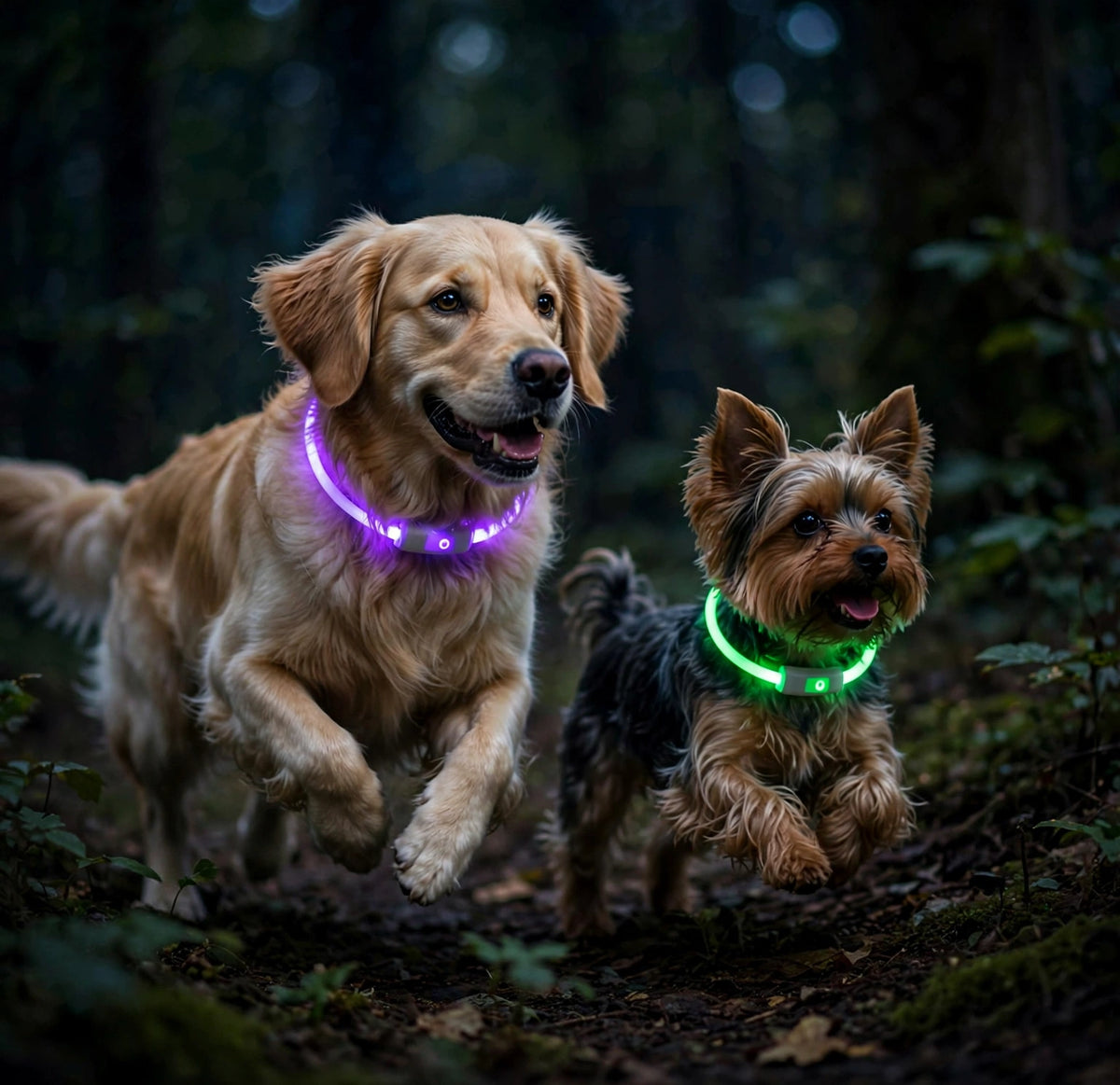 Golden Retriever y Yorkshire con collares LED luminosos durante un paseo al atardecer