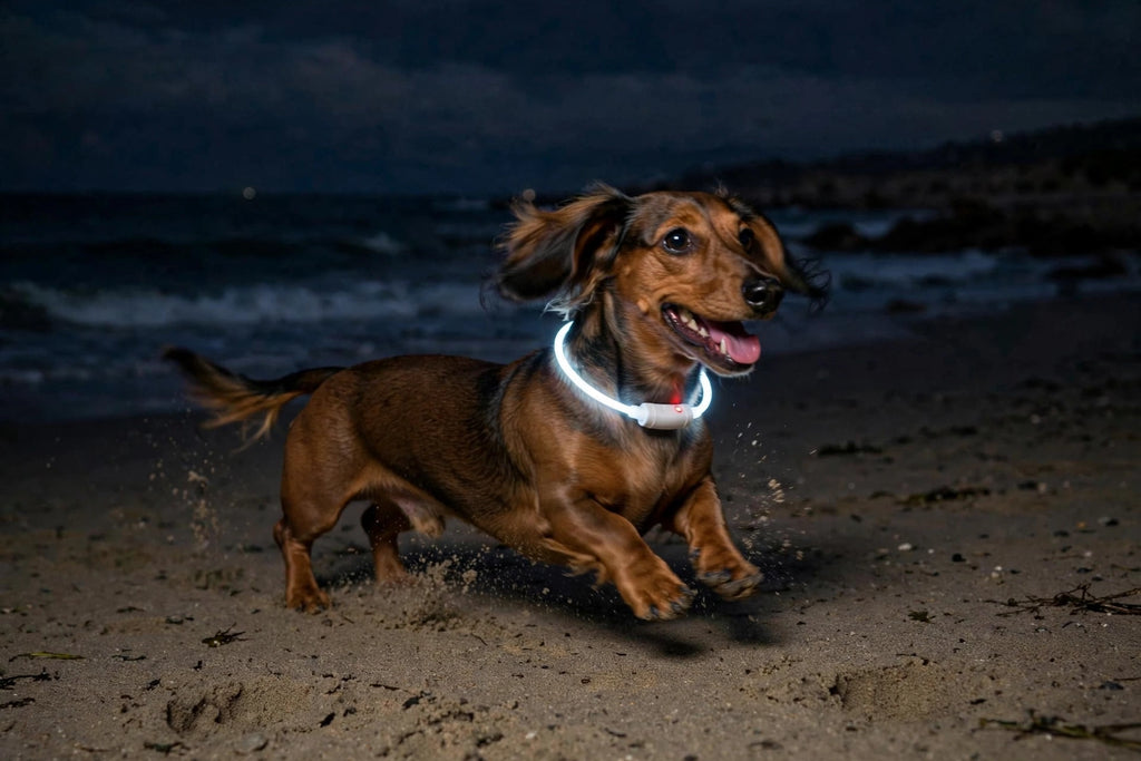 Perro Teckel con collar LED luminoso blanco corriendo por la playa al atardecer 