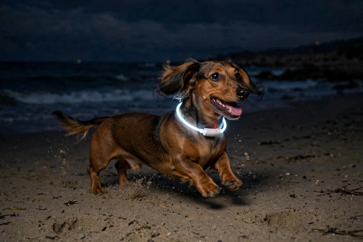 Perro Teckel con collar LED luminoso blanco corriendo por la playa al atardecer 