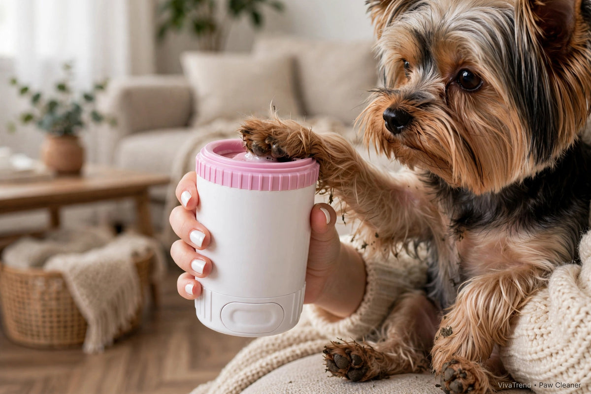 Mano sujetando un vaso limpiador de patas para perros con tapa rosa y pata de Yorkshire