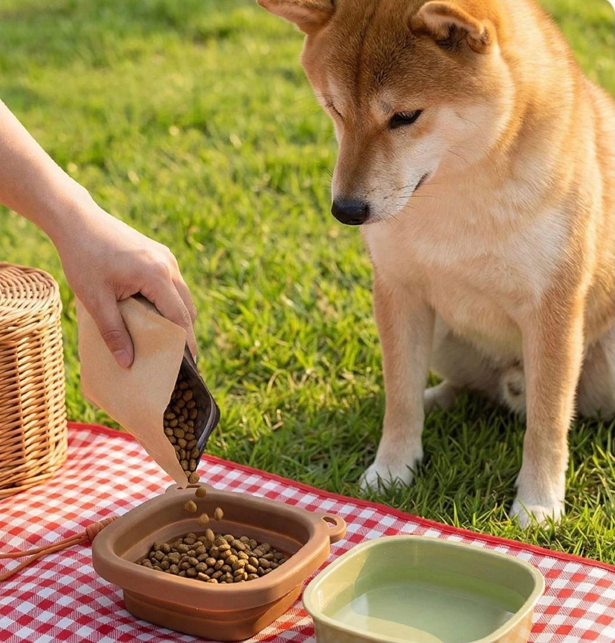 Cuenco plegable verde y marrón para mascotas con comida y agua
