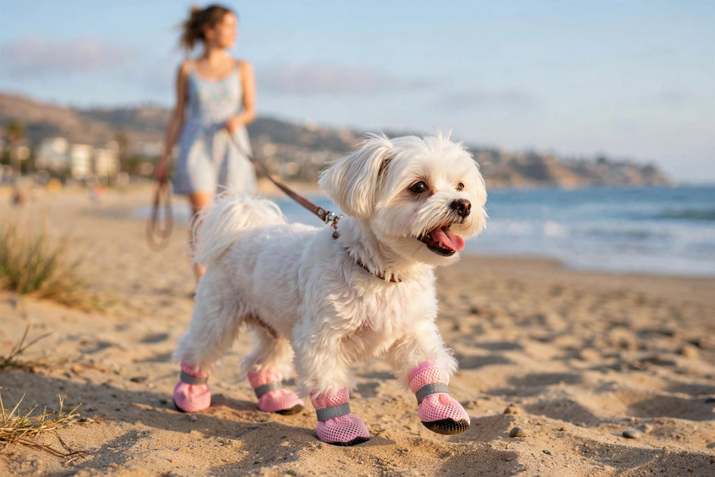 Perro con botas rosas caminando por la playa
