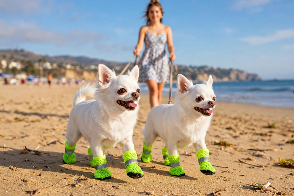 Dos perros con botas verde fluorescente caminando por la playa