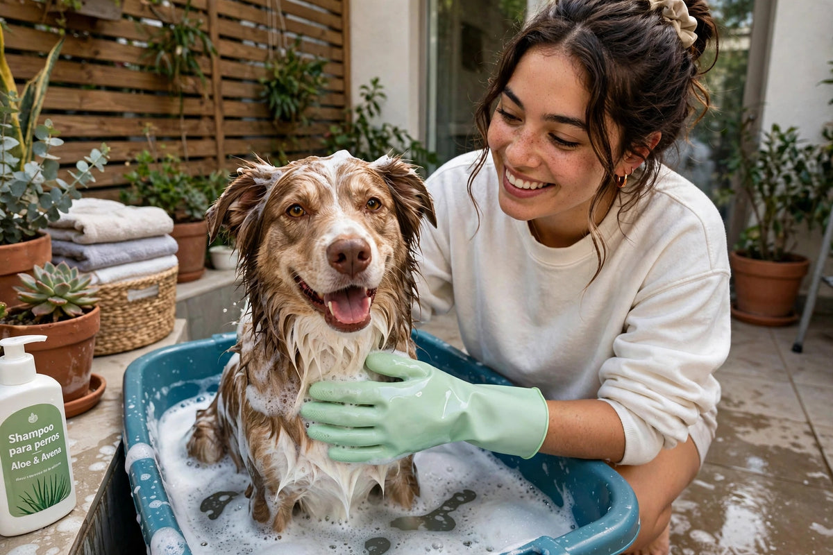 Mujer usando guante de aseo para bañar a su perro en una bañera