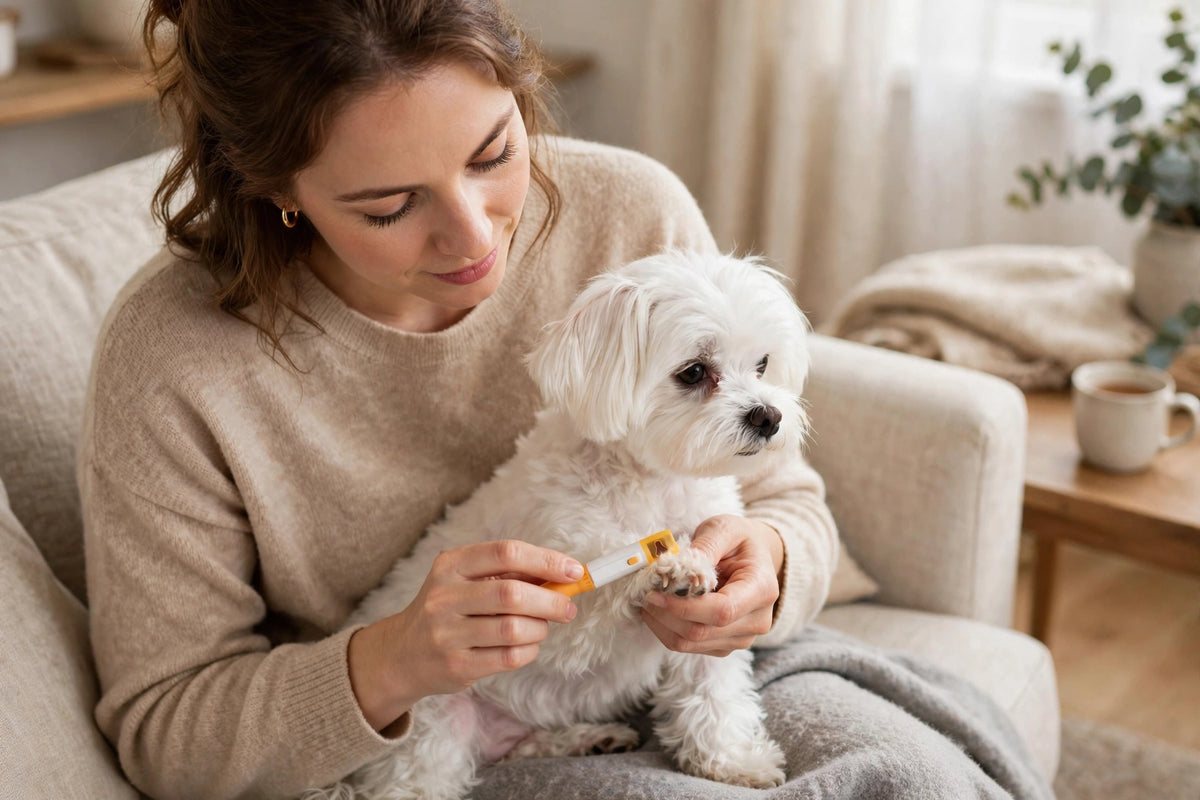 Mujer cortando las uñas de su perro con un cortaúñas eléctrico