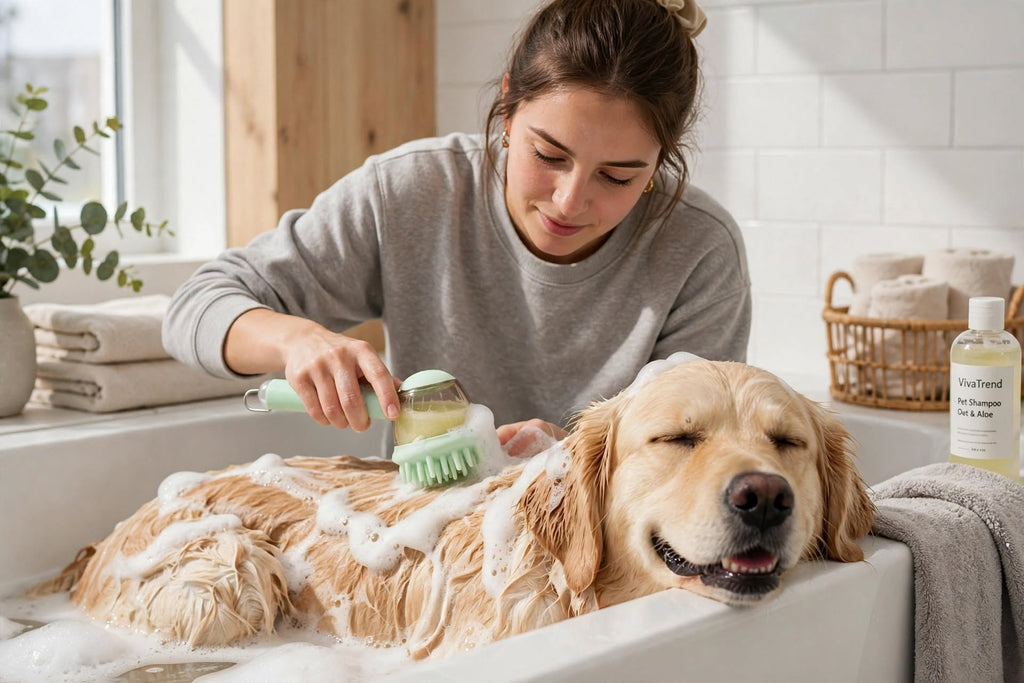 Mujer usando cepillo de baño con champú para masajear el pelo de su perro