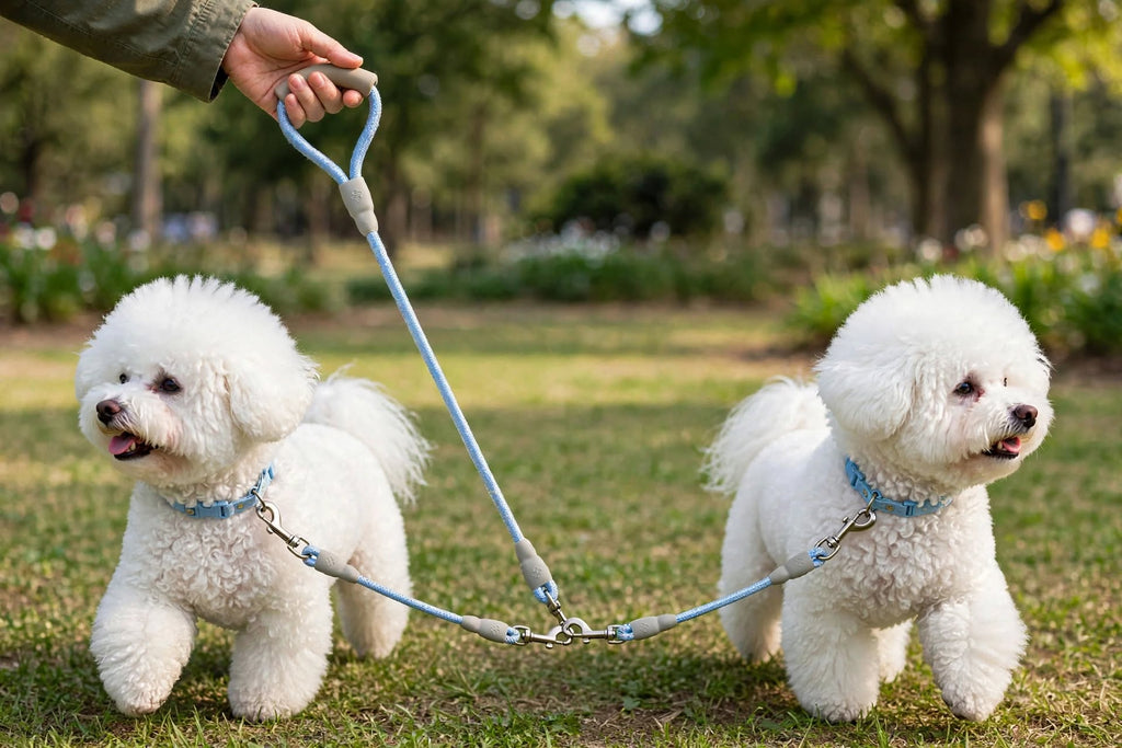 Correa 2 en 1 para perros - correa doble azul con separador para pasear dos mascotas juntas
