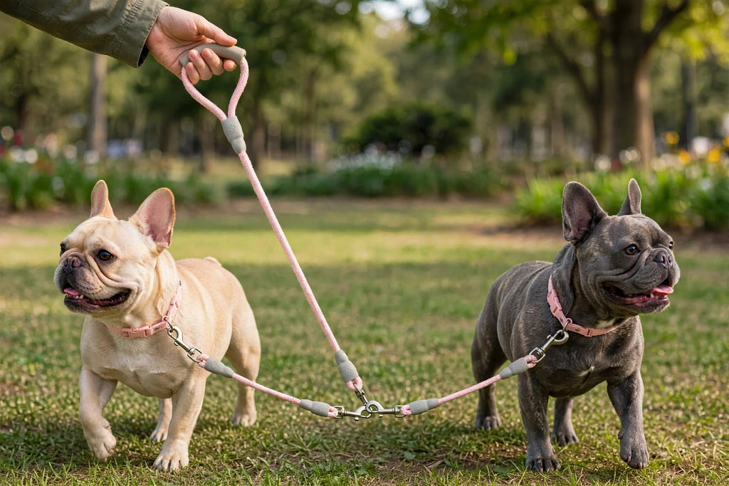 Correa 2 en 1 para perros - correa doble rosa con separador para pasear dos mascotas juntas
