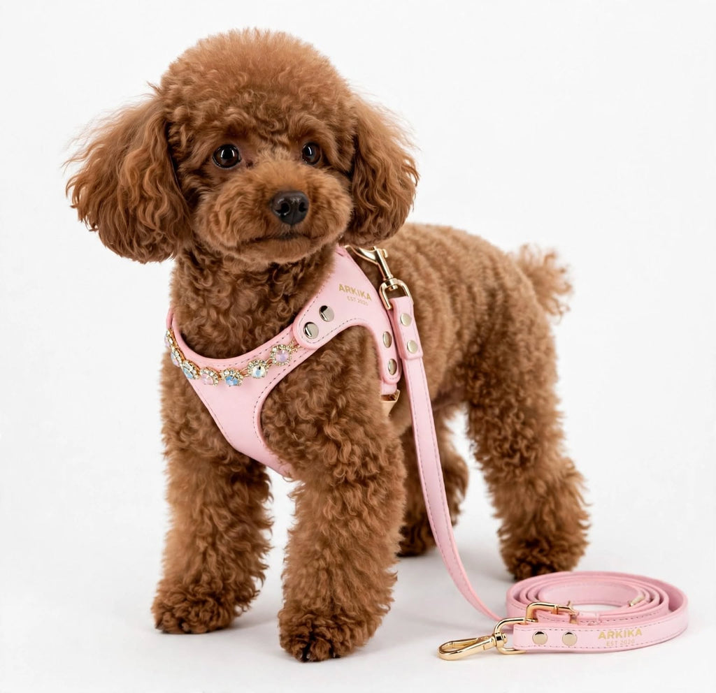 Perrito caniche marrón con arnés y correa rosa suit con pedrería brillante y herrajes dorados.