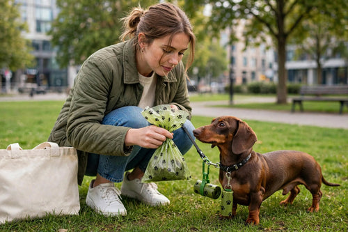 Bolsitas biodegradables para caca de perro con dispensador en parque 