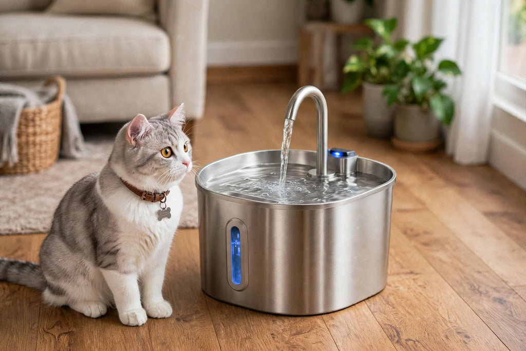 Gato al lado de la fuente de agua automática de acero inoxidable