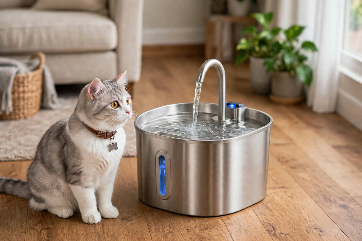 Gato al lado de la fuente de agua automática de acero inoxidable