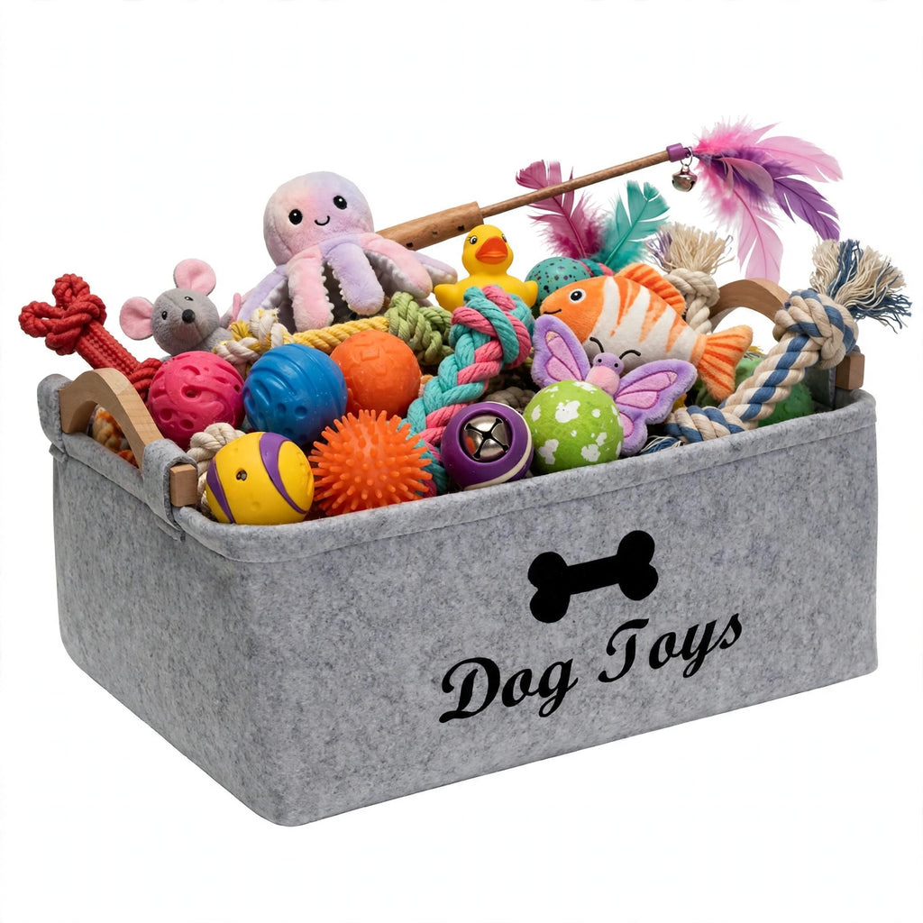 Cesta gris con juguetes mascotas 