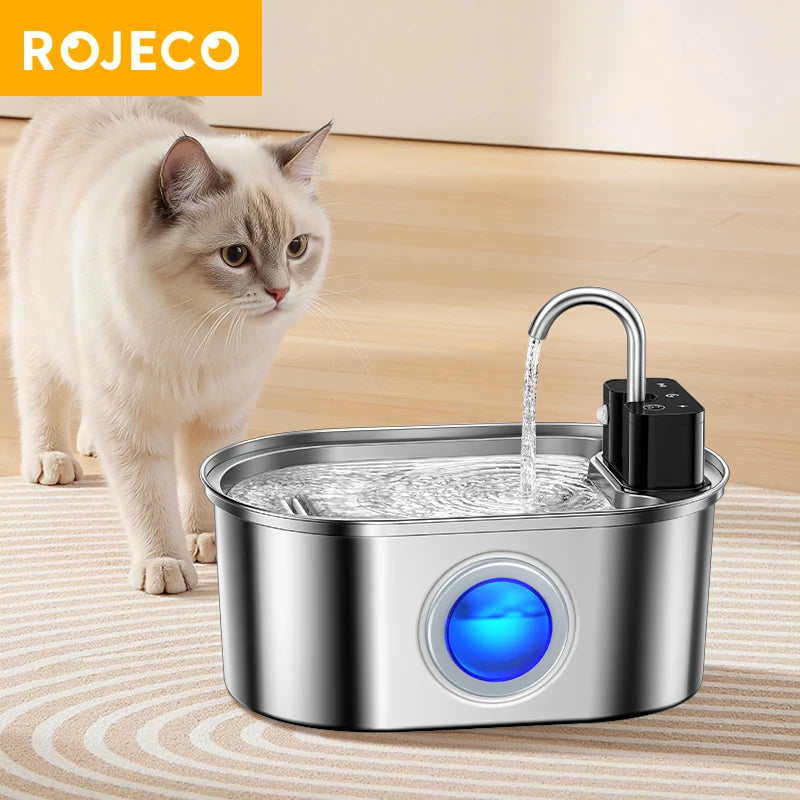 Fuente de Agua para Gatos ROJECO 3.2L de Acero Inoxidable- Automático y Silenciosa